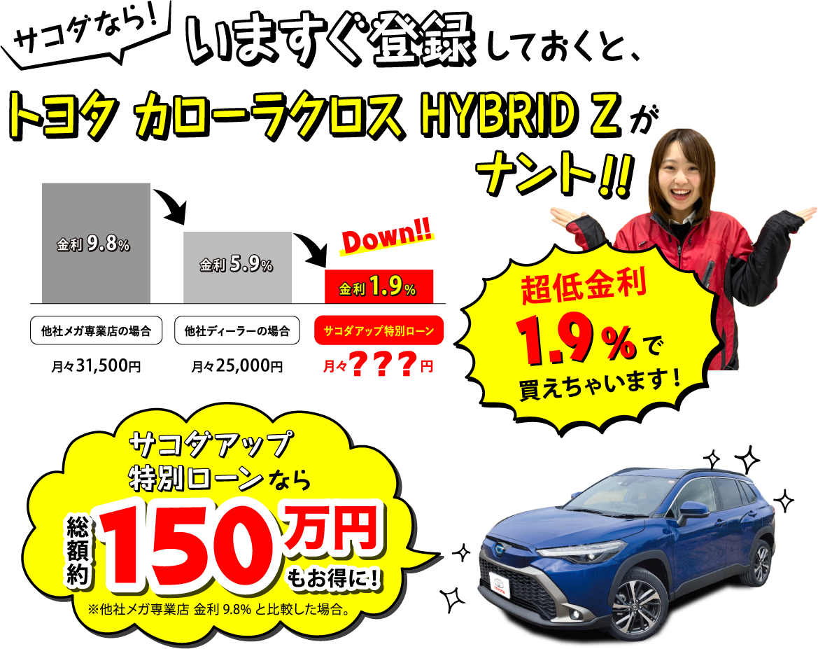 サコダならいますぐ登録しておくとトヨタ カローラクロス HYBRID Zがナント超低金利1.9％で買えちゃいます!