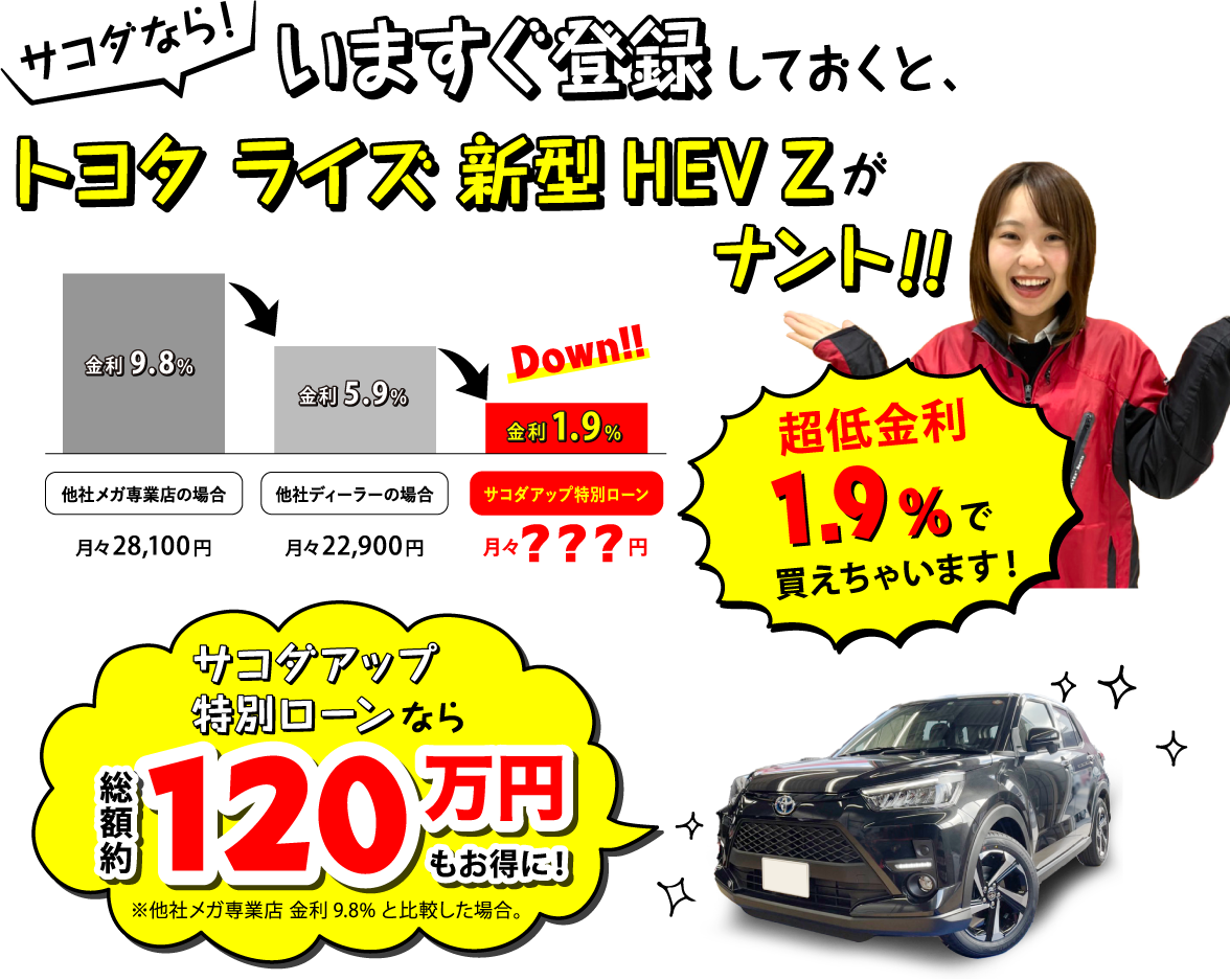 サコダならいますぐ登録しておくとトヨタ ライズ 新型 HEV Zがナント超低金利1.9％で買えちゃいます!