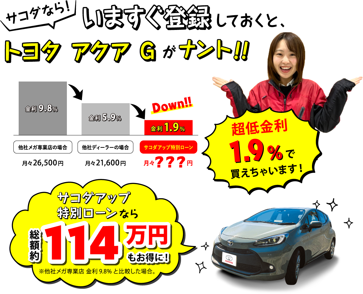 サコダならいますぐ登録しておくとトヨタ アクア Gがナント超低金利1.9％で買えちゃいます!